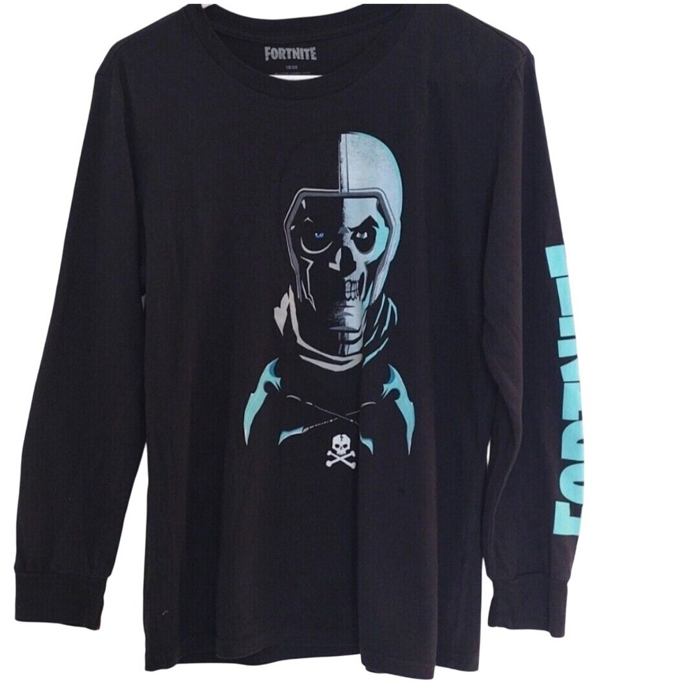 Fortnite T-Shirt Men 18/20 Black Graphic Long‎ Sleeves Crew Neck Gamer Junior